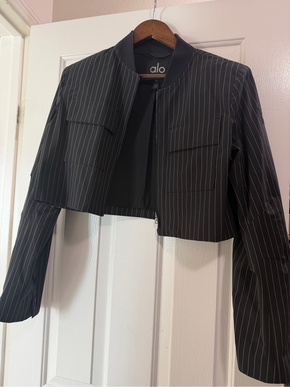 ALO Yoga Black Pinstripe Cropped Bomber Jacket